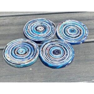 Recycled Magazine 4" Round Coasters Blue Set of 4 Handmade New Eco Friendly Gift
